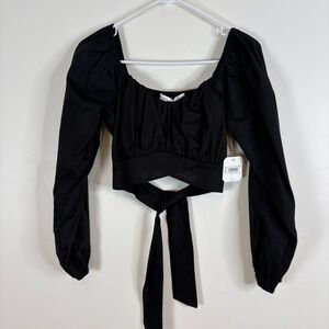 Altar’d State Long Sleeve Back Tie Crop Top Size Small Black Cotton